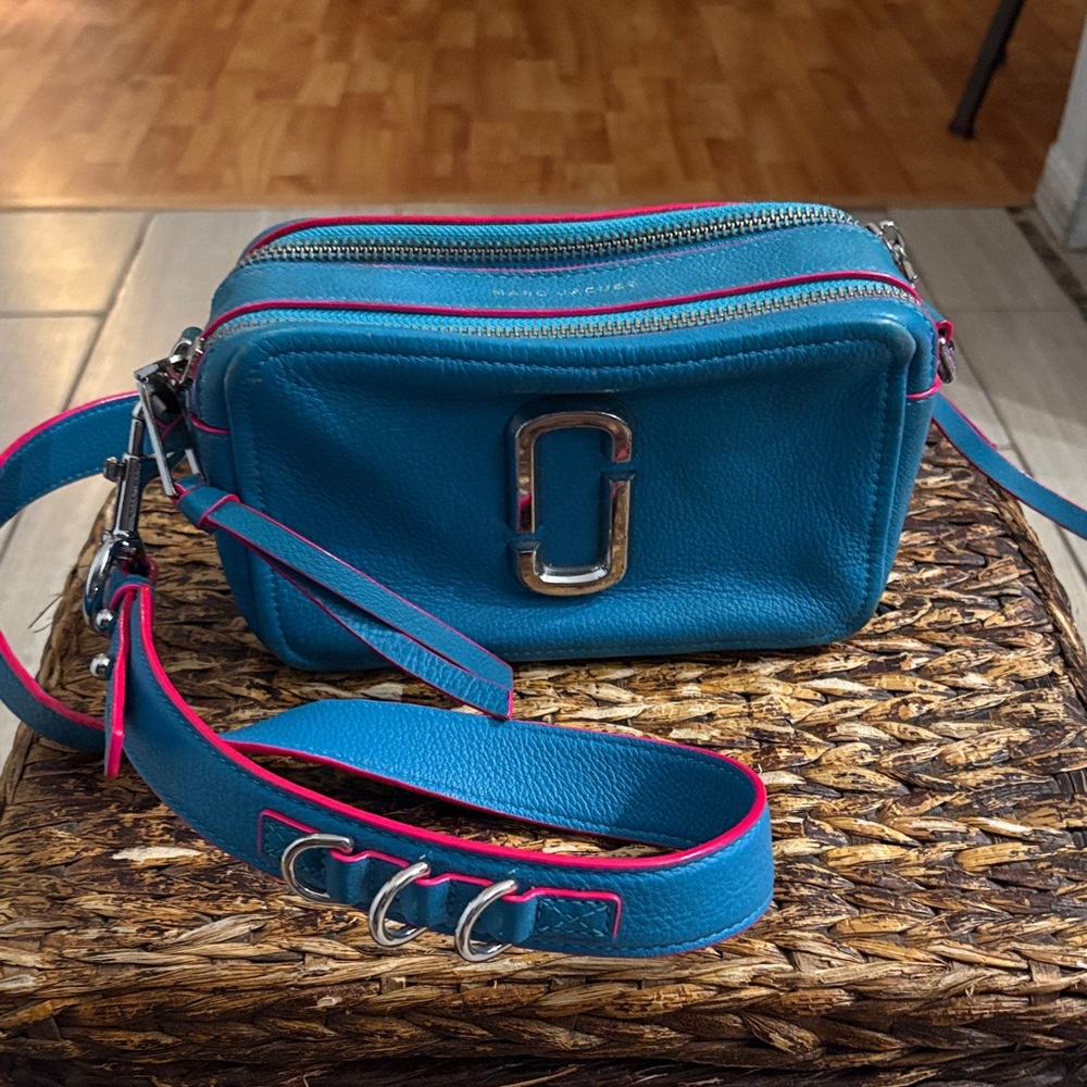 Marc Jacobs Teal Camera Crossbody with Pink Edge Trim